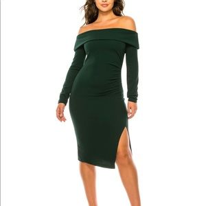 NWT Premier Amour Long Sleeve Off The Shoulder Sheath Dress - Hunter Gold